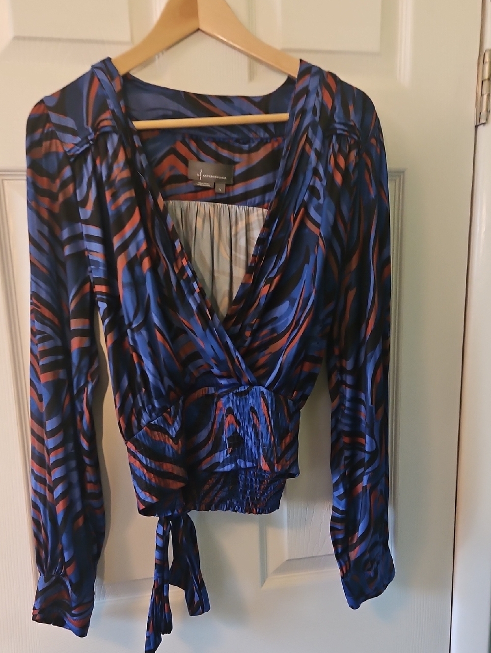 Anthropologie Blue and Rust Zebra-Print Wrap Blouse